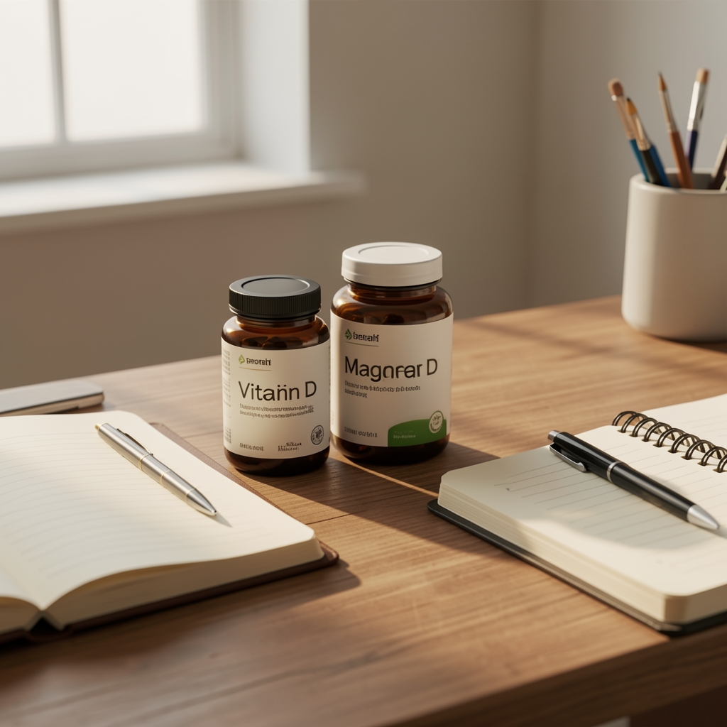 Supplement containers on a wooden desk, minimal composition, morning desk setup with vitamin D and magnesium bottles alongside a notebook and pen, warm natural light