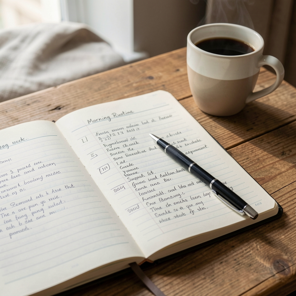 Notebook open on a morning routine log, pen resting on a handwritten supplement diary, coffee cup in background on a wooden desk in natural daylight, men's nutrition journalling