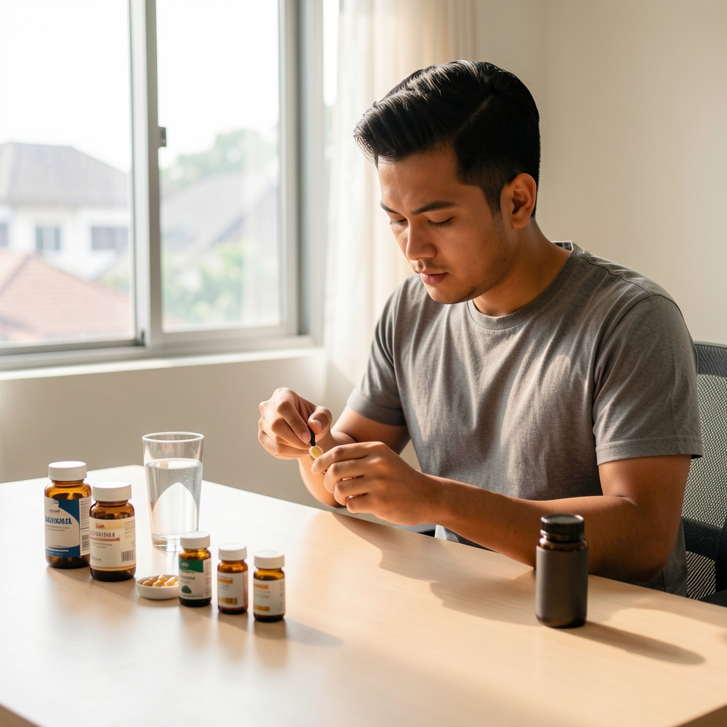 Man preparing morning supplement routine on a clean desk, glass of water and vitamin containers arranged neatly in natural Jakarta morning light