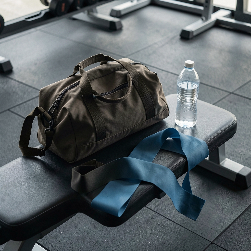 Gym bag and water bottle laid on a clean gym bench, editorial flat lay composition with resistance band, men's active lifestyle supplement context