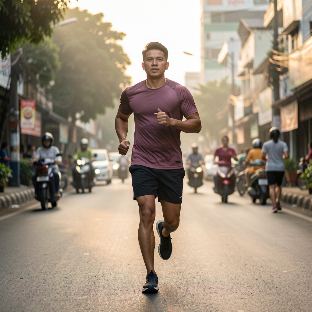 Morning run on a quiet Jakarta street at early light, active man in athletic wear, movement and nutrition editorial composition