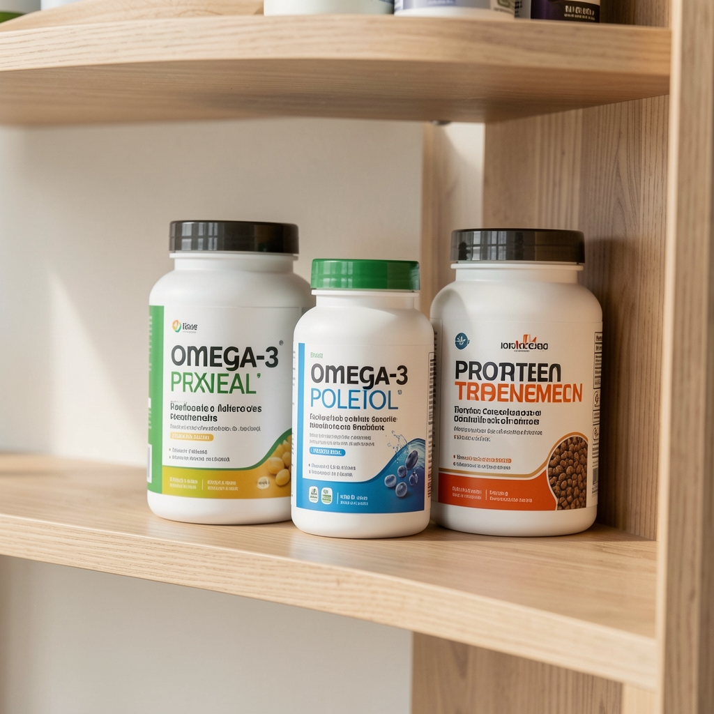 Close-up of omega-3 and protein supplement labels on a wooden shelf, editorial overhead composition with natural light on neutral background