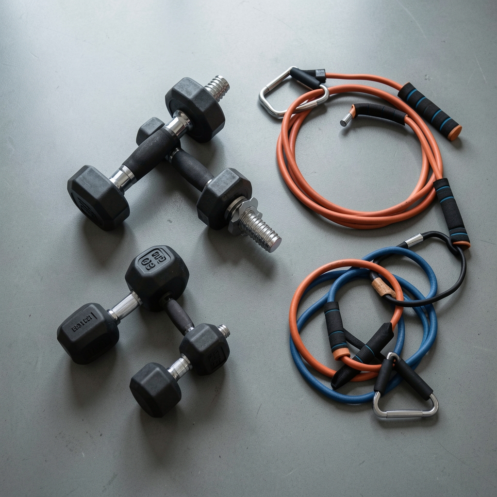 Weights and resistance bands arranged on a clean gym floor surface, editorial overhead composition, active lifestyle context for men's nutrition and supplement stacking