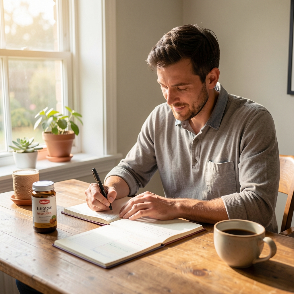 Man journalling at a wooden desk with natural daylight streaming through a window, morning routine supplement and food diary, men's wellness and nutritional awareness
