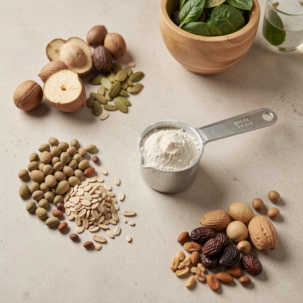 Protein powder measuring scoop next to whole food ingredients on a neutral kitchen surface, editorial flat lay composition for men's daily performance nutrition