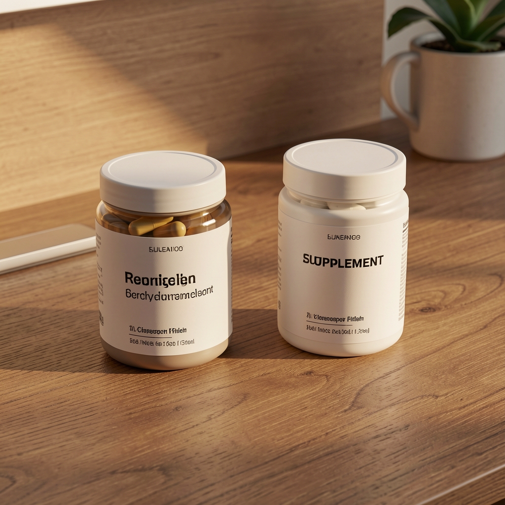Supplement containers on a wooden desk, minimal composition, warm morning light, clean editorial flat lay for men's nutrition journal